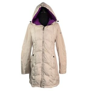 Guess Womens Cream Puffer Coat Purple Lining Hooded Zip Parka Jacket Medium